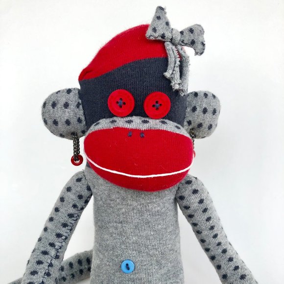 Hand-stitched Sock Monkey Stuffed Toy with Magnets - Picture 4 of 12
